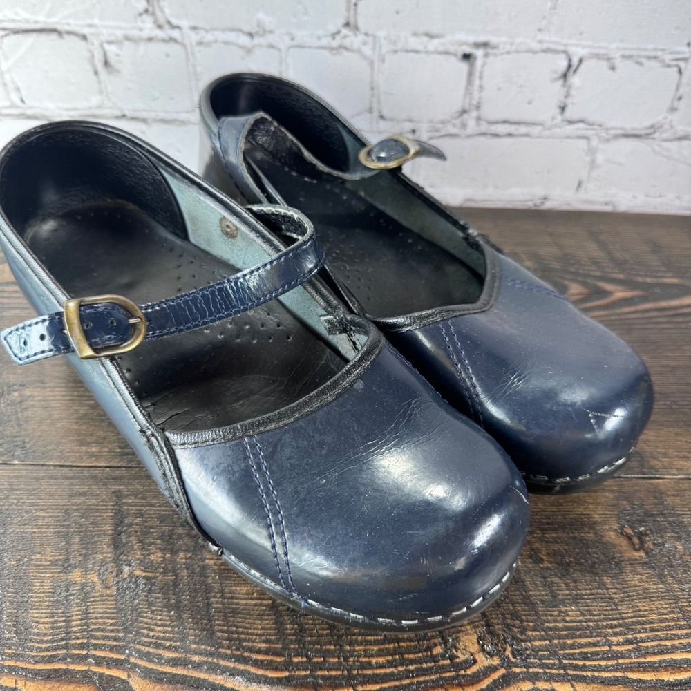 Sanita Navy Blue Leather Mary Jane Clogs Professional Shoes EU 37 US 6.5-7